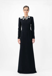 Long-sleeve maxi dress with embellished neckline