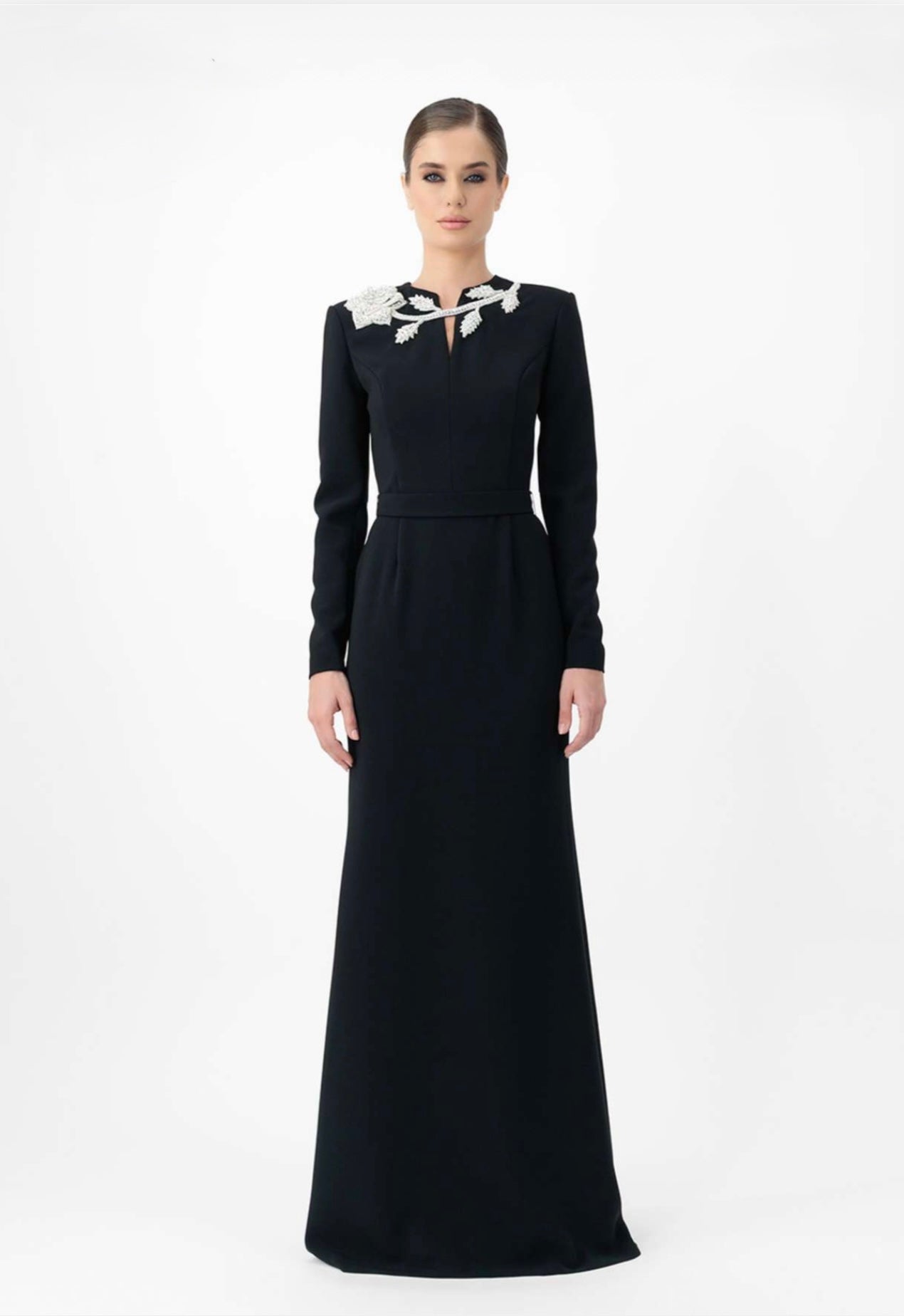 Long-sleeve maxi dress with embellished neckline