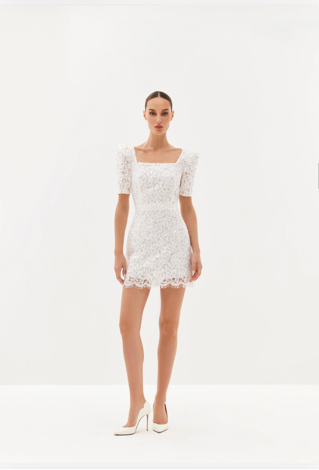 Ivory embellished mini dress with square neckline