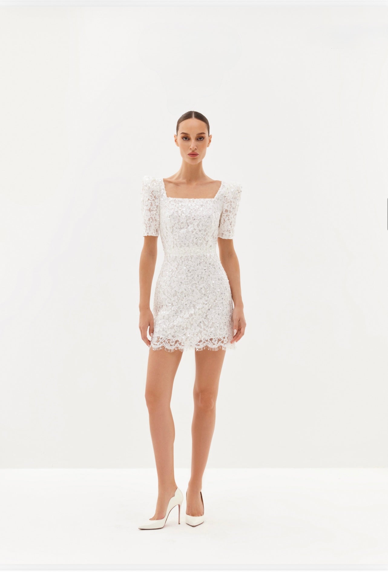 Ivory embellished mini dress with square neckline