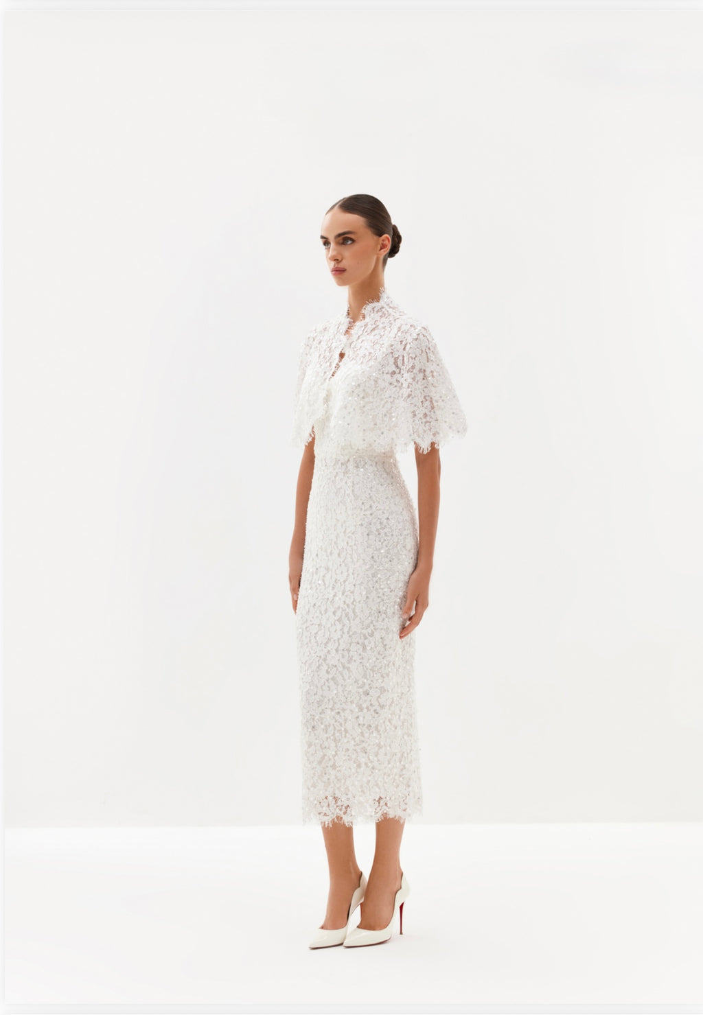 Ivory lace midi dress with cape overlay