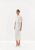 Ivory lace midi dress with cape overlay