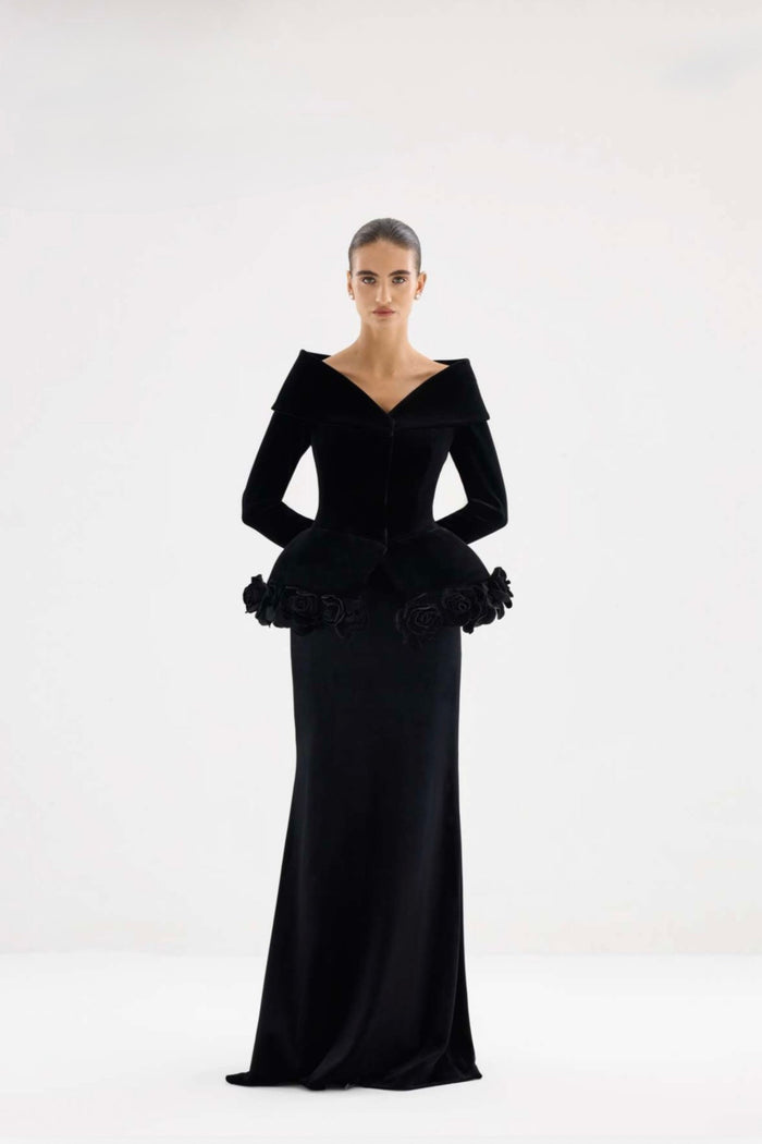 Black velvet sculptural off-shoulder gown