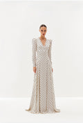 Beige polka-dot maxi dress with V-neckline