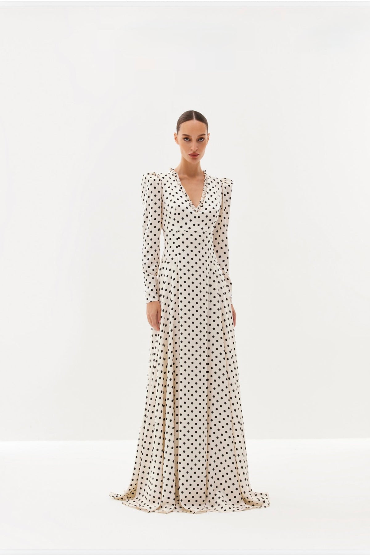 Beige polka-dot maxi dress with V-neckline