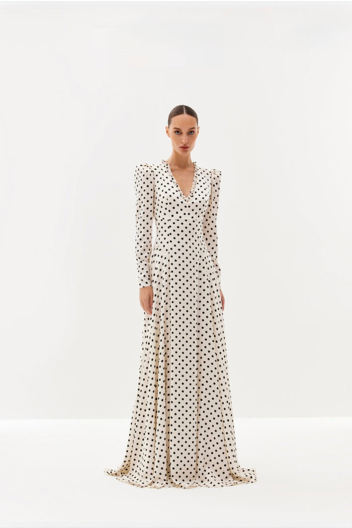 Beige polka-dot maxi dress with V-neckline