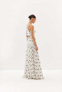 Black polka-dot one-shoulder maxi dress with sheer drape