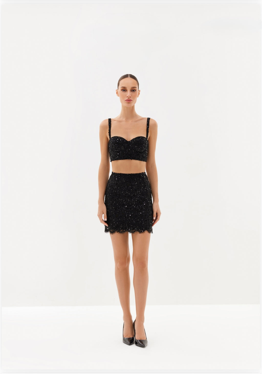 Ivory embellished bralette and mini skirt set