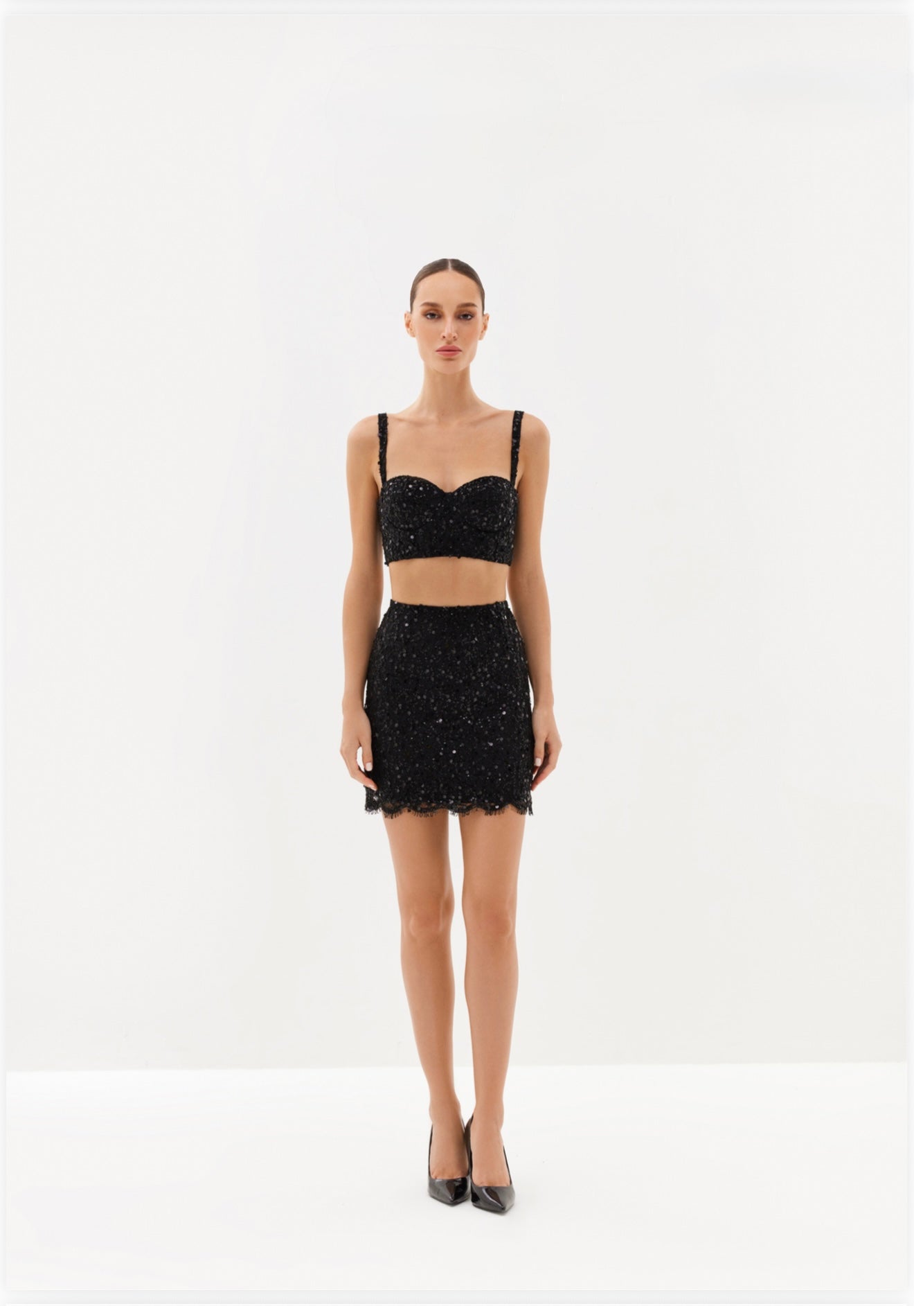 Ivory embellished bralette and mini skirt set