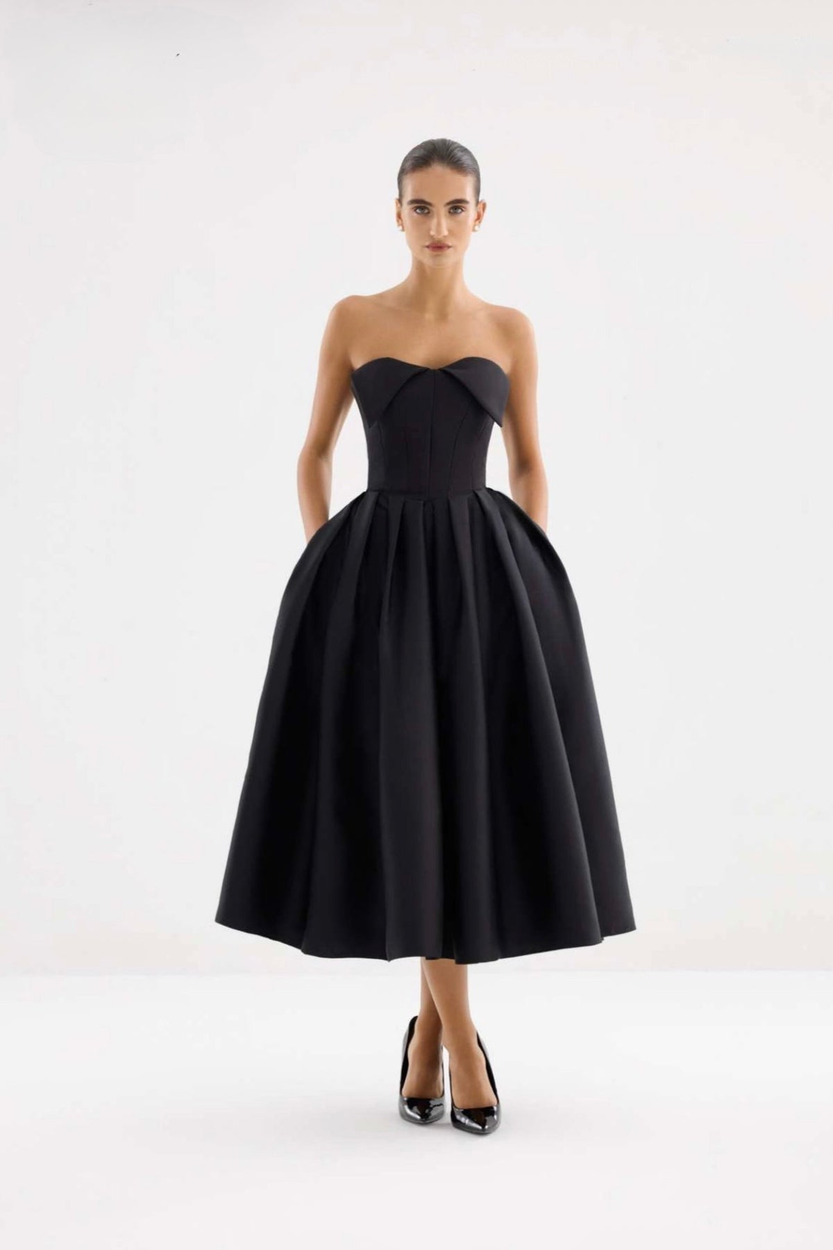 Black strapless structured midi dress