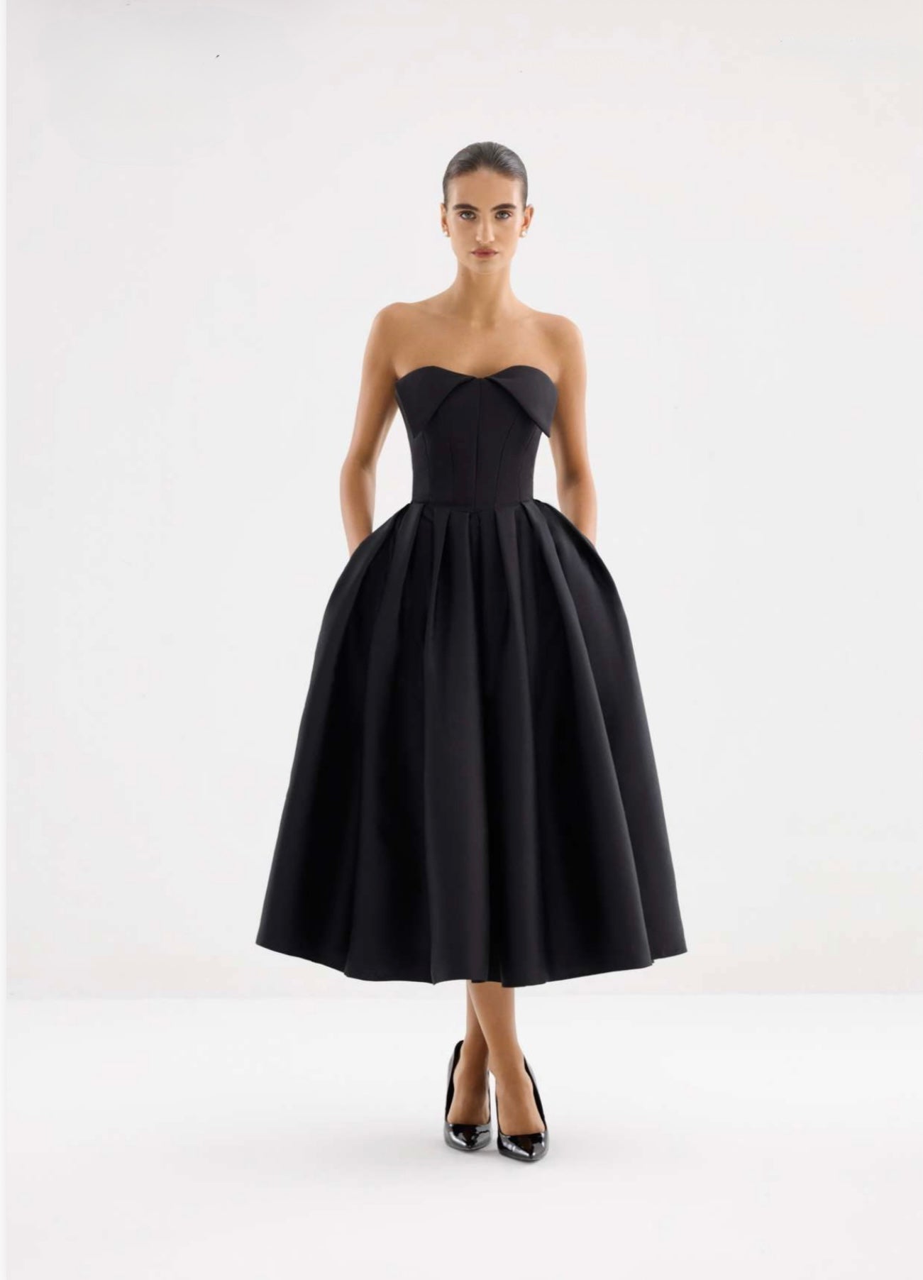 Black strapless structured midi dress