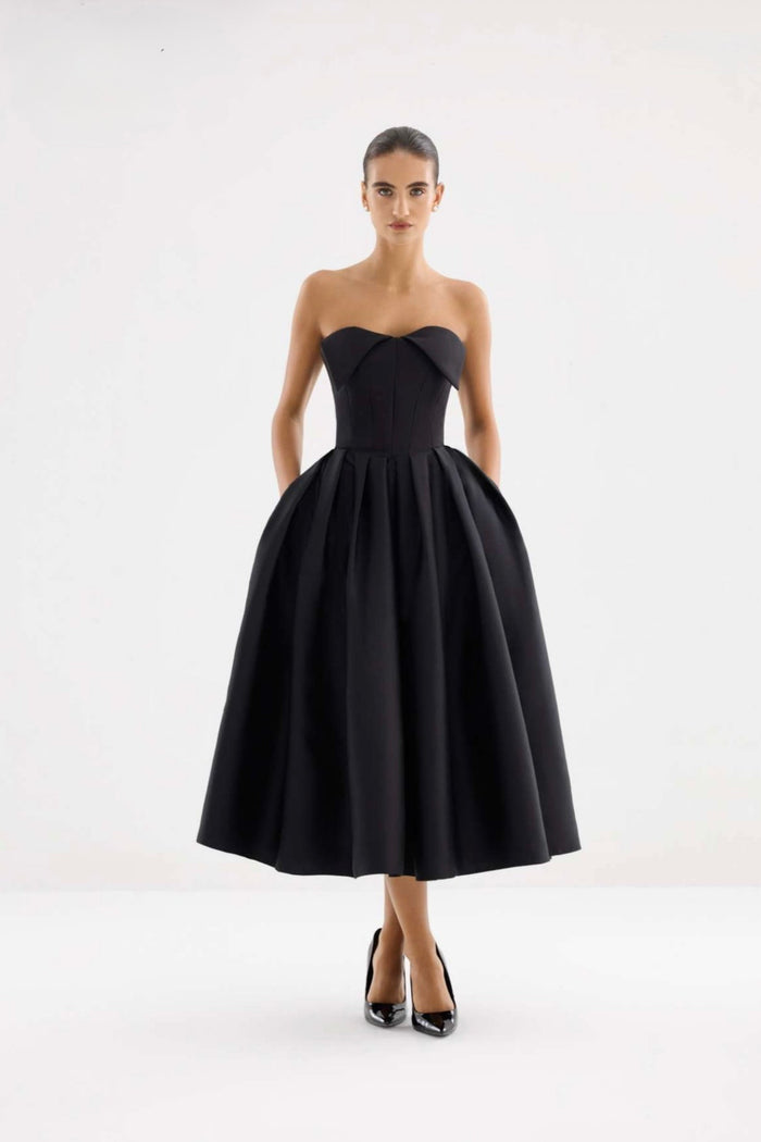 Black strapless structured midi dress