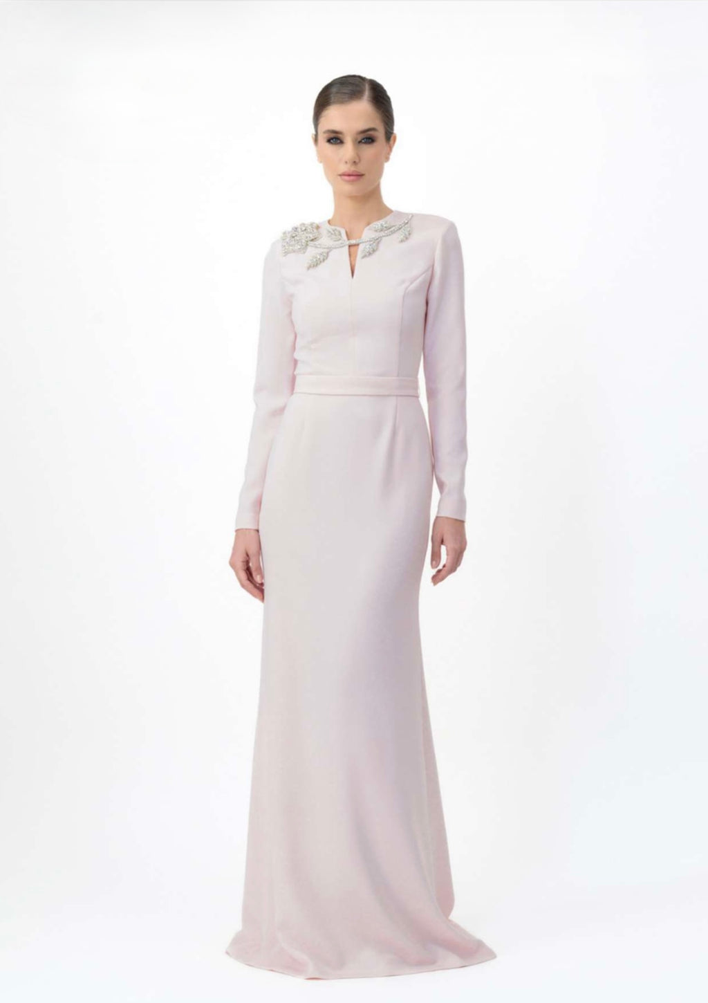 Long-sleeve maxi dress with embellished neckline