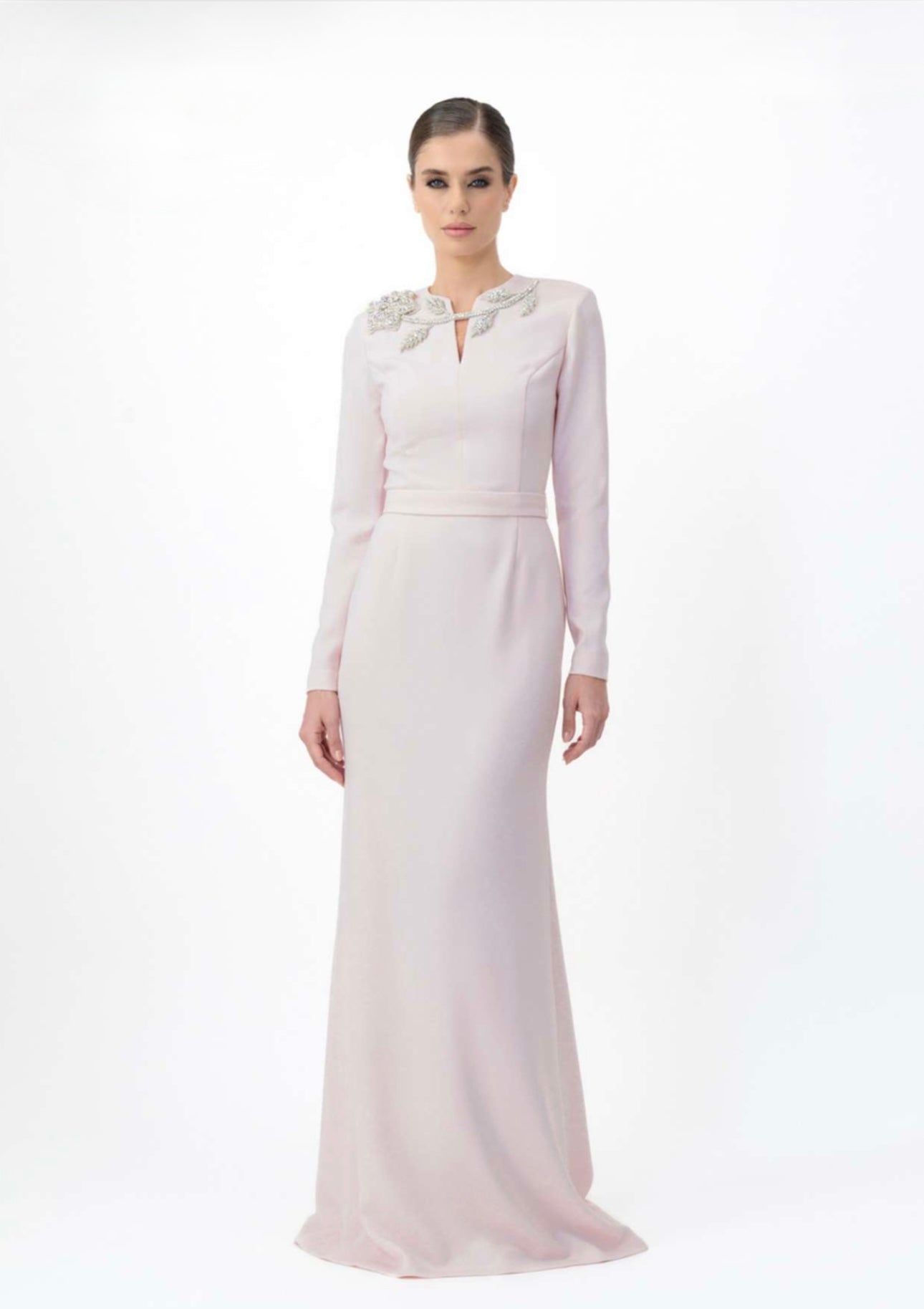 Long-sleeve maxi dress with embellished neckline