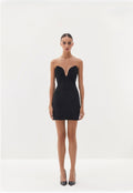 Black strapless mini dress with draped neckline