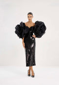 Black sequin midi dress with sculptural floral sleeves