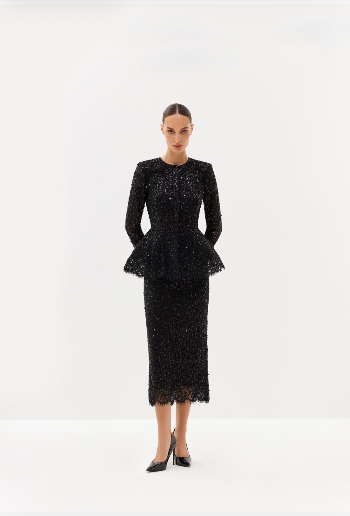 Ivory lace peplum midi dress with long sleeves