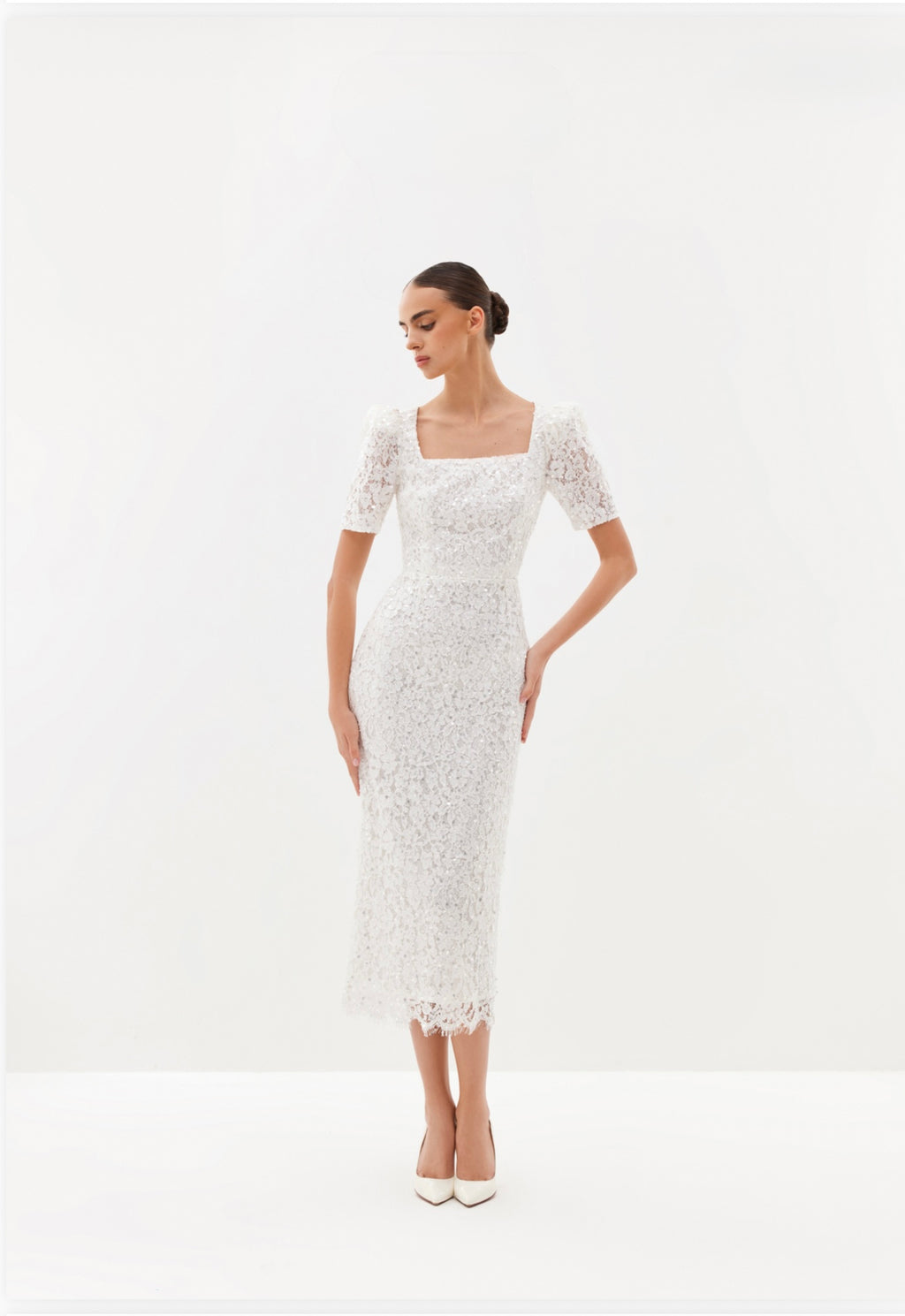 Ivory embellished midi dress with square neckline