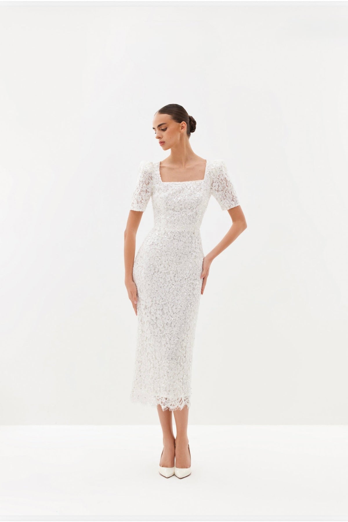 Ivory embellished midi dress with square neckline