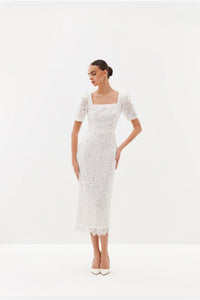 Ivory embellished midi dress with square neckline