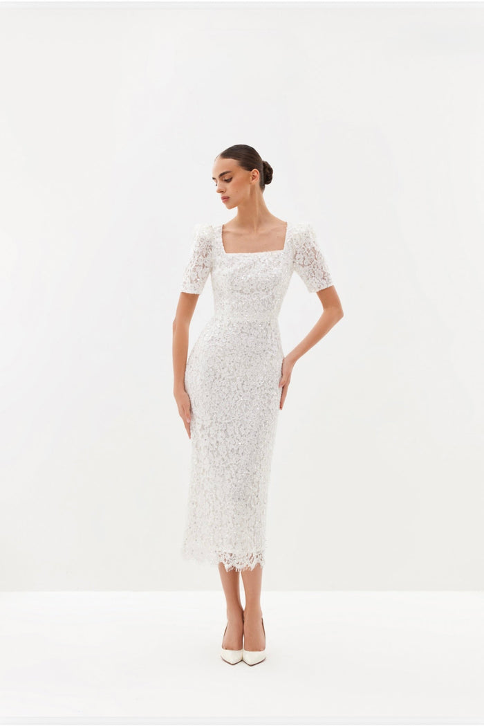Ivory embellished midi dress with square neckline