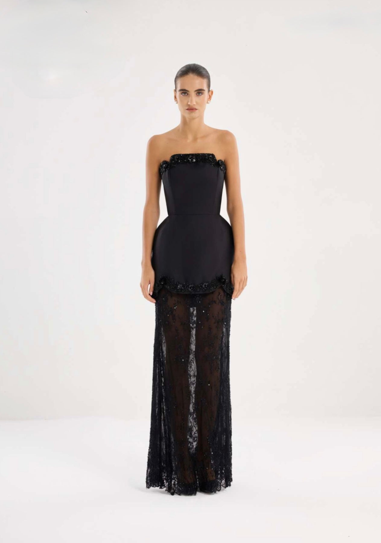 Black strapless corset lace maxi dress