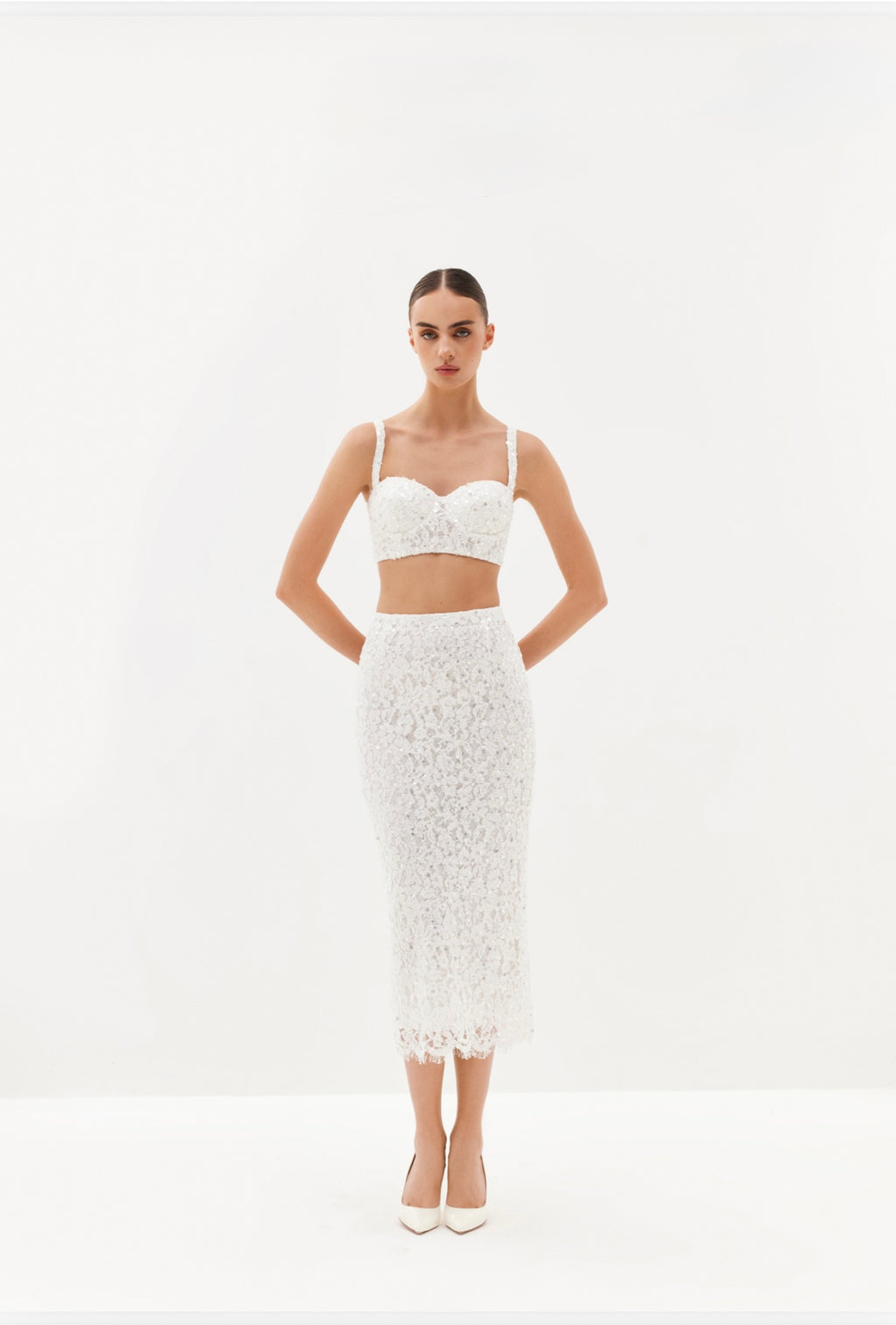 Ivory embellished bralette and midi skirt set
