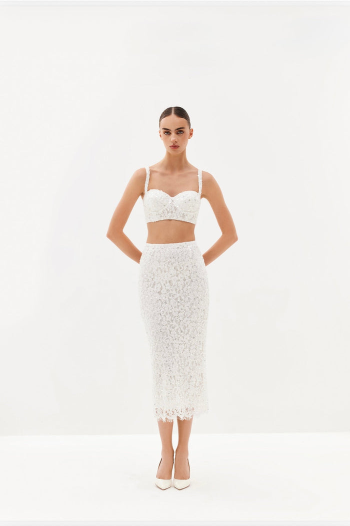 Ivory embellished bralette and midi skirt set