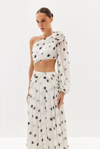 Black polka-dot one-shoulder maxi dress with sheer drape