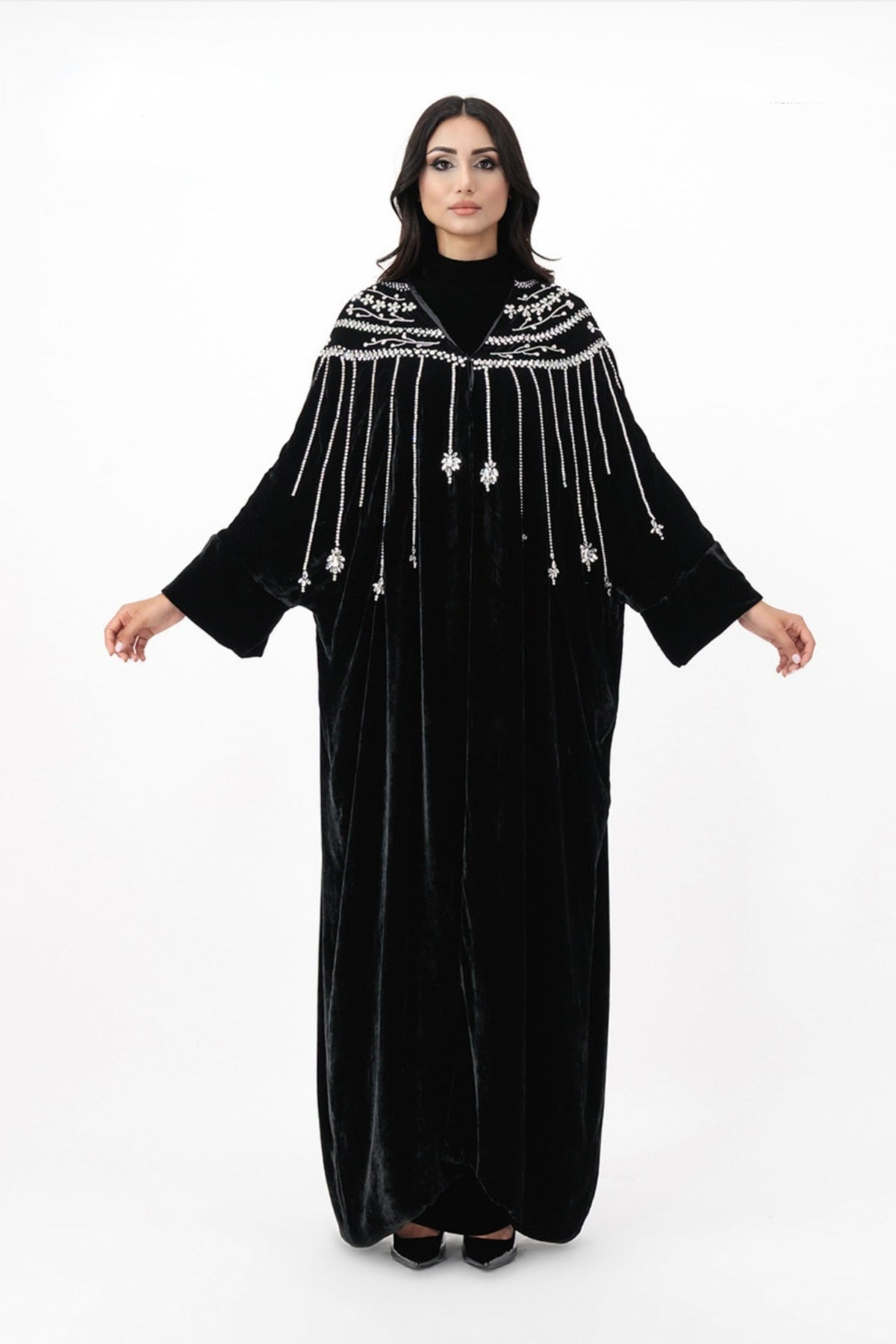 Black velvet maxi dress with embellished fringe neckline