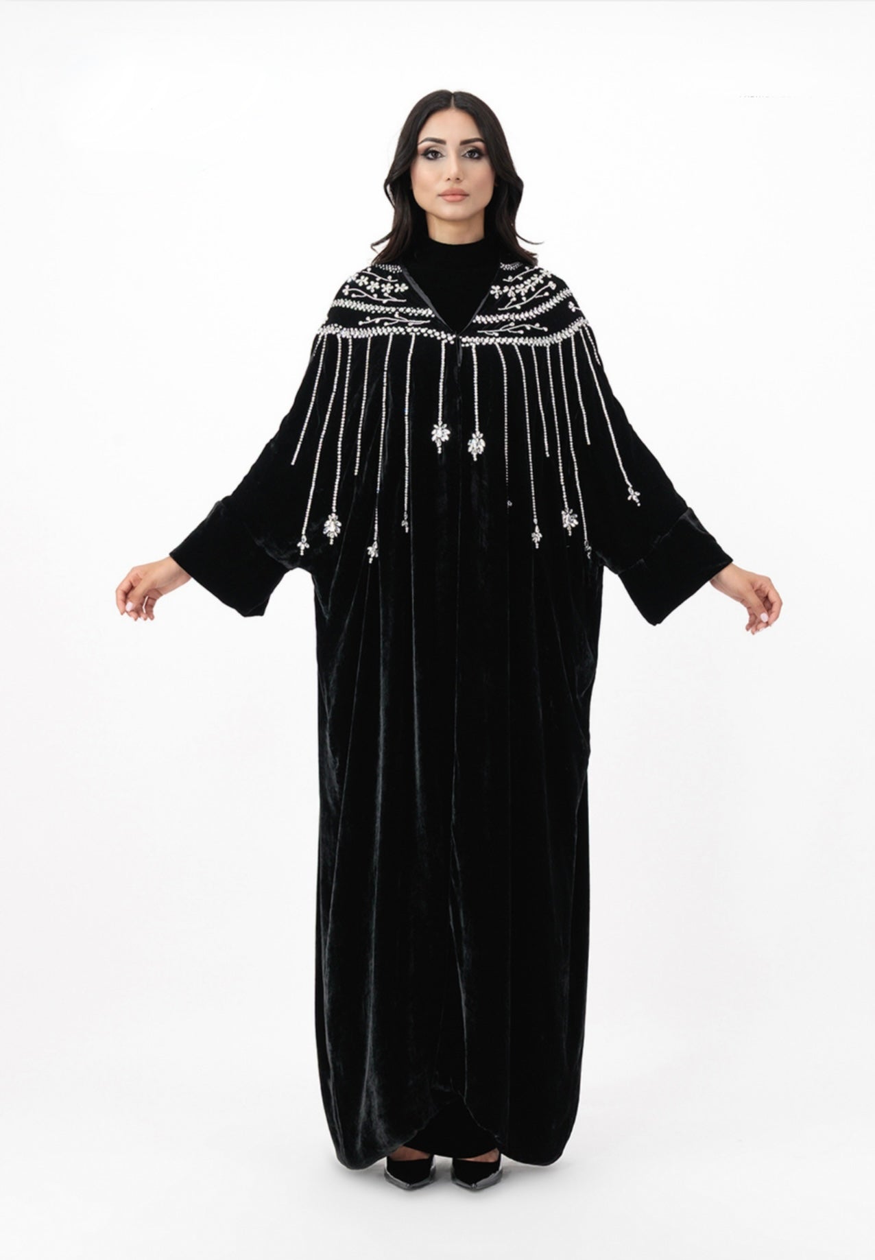 Black velvet maxi dress with embellished fringe neckline