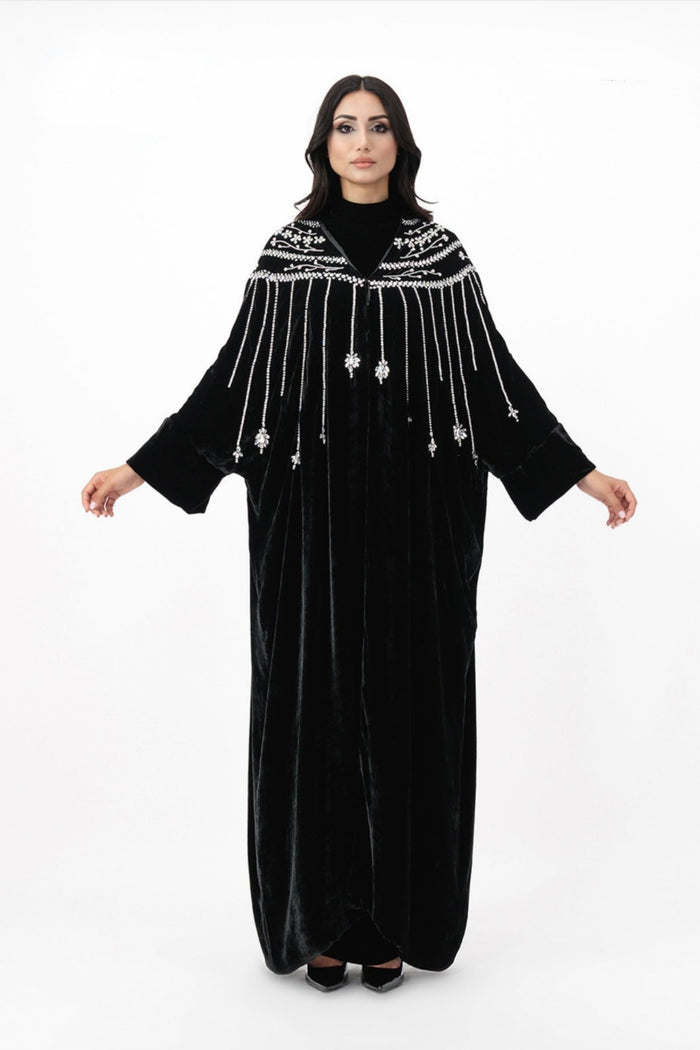 Black velvet maxi dress with embellished fringe neckline