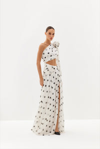 Black polka-dot one-shoulder maxi dress with sheer drape