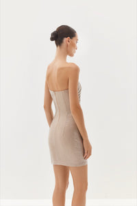 Black strapless mini dress with draped neckline