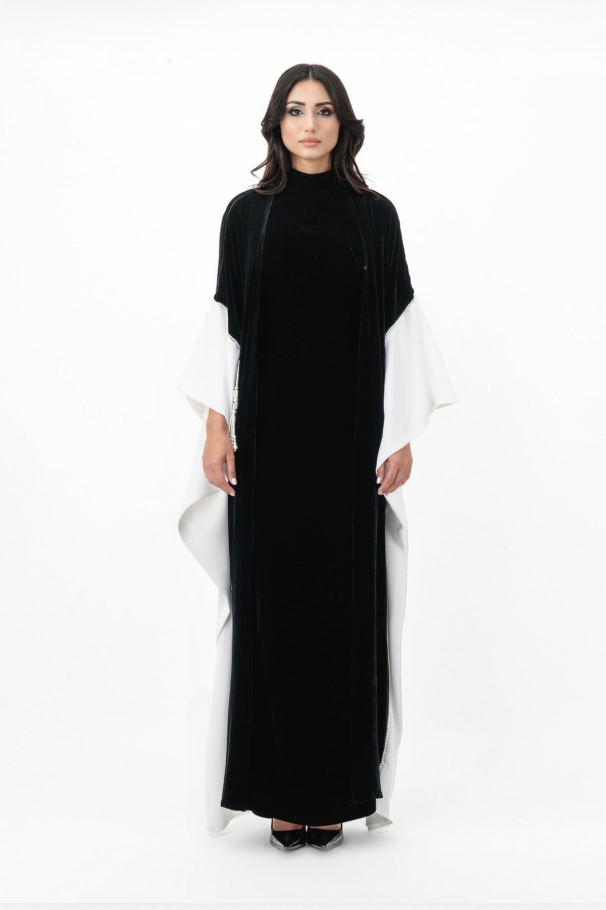 Black maxi dress with contrasting draped sleeves