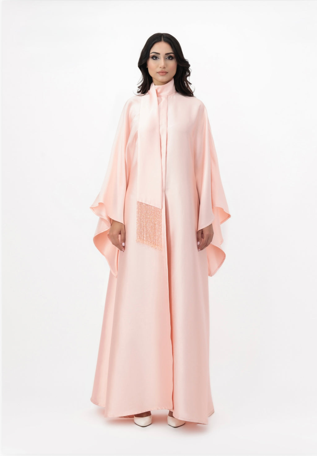 Flowing cape maxi dress with fringe detail