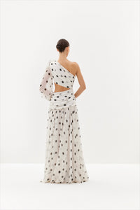 Black polka-dot one-shoulder maxi dress with sheer drape