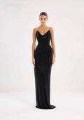 Black strapless maxi dress with draped neckline