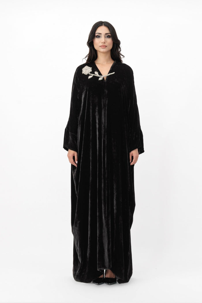 Velvet maxi dress with embellished neckline