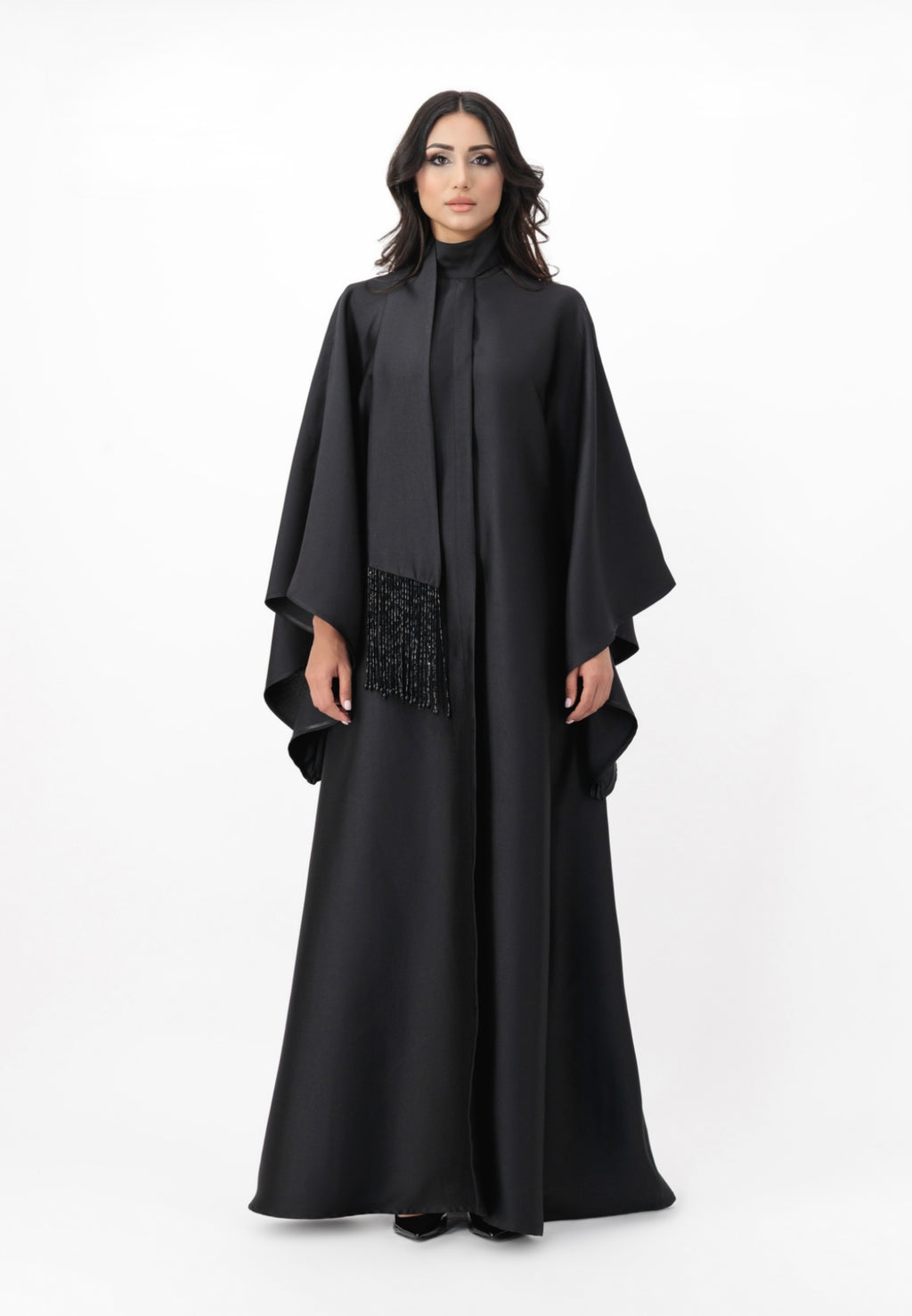 Flowing cape maxi dress with fringe detail