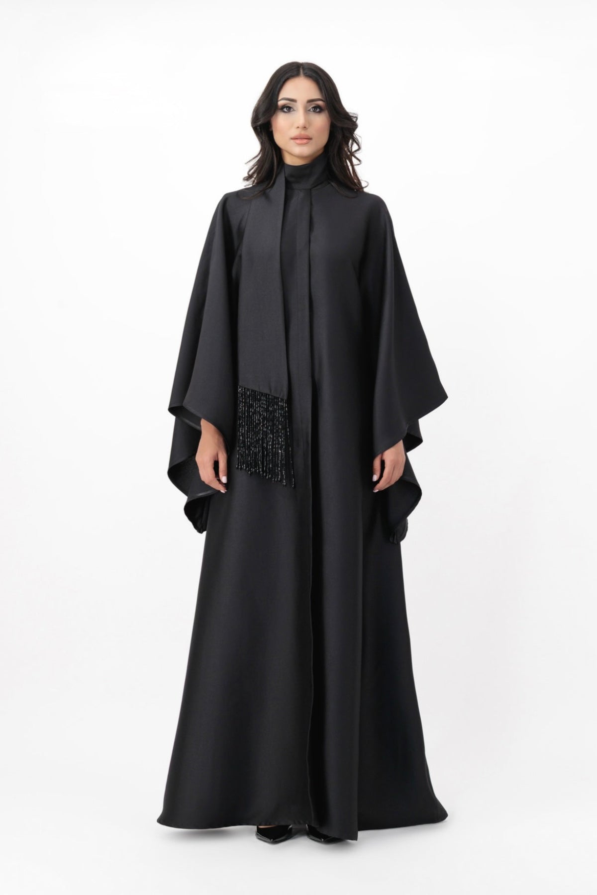 Flowing cape maxi dress with fringe detail